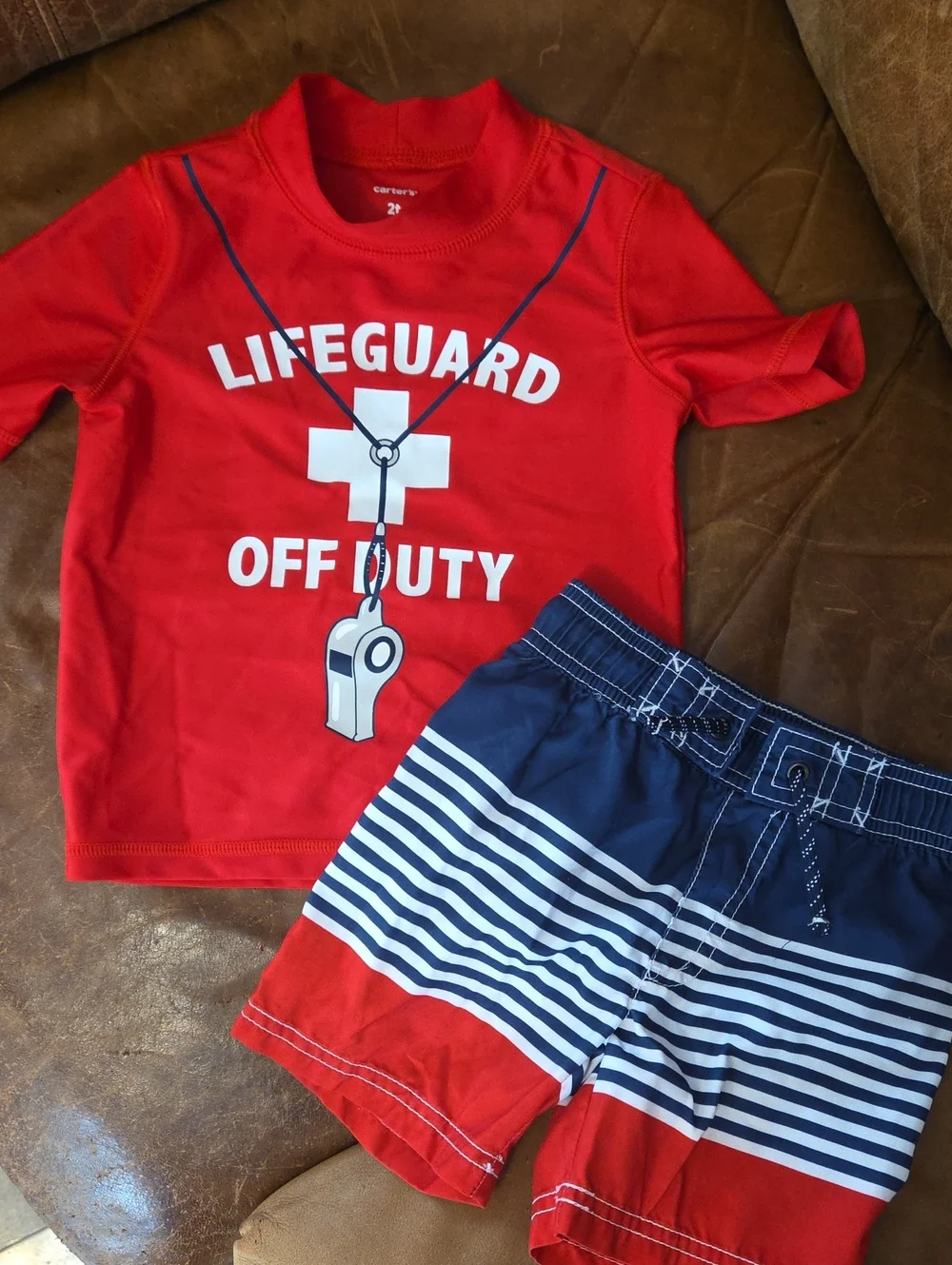 Carter's Lifeguard Rash Guard with Red, Navy & White Striped Swim Shorts Size 2T